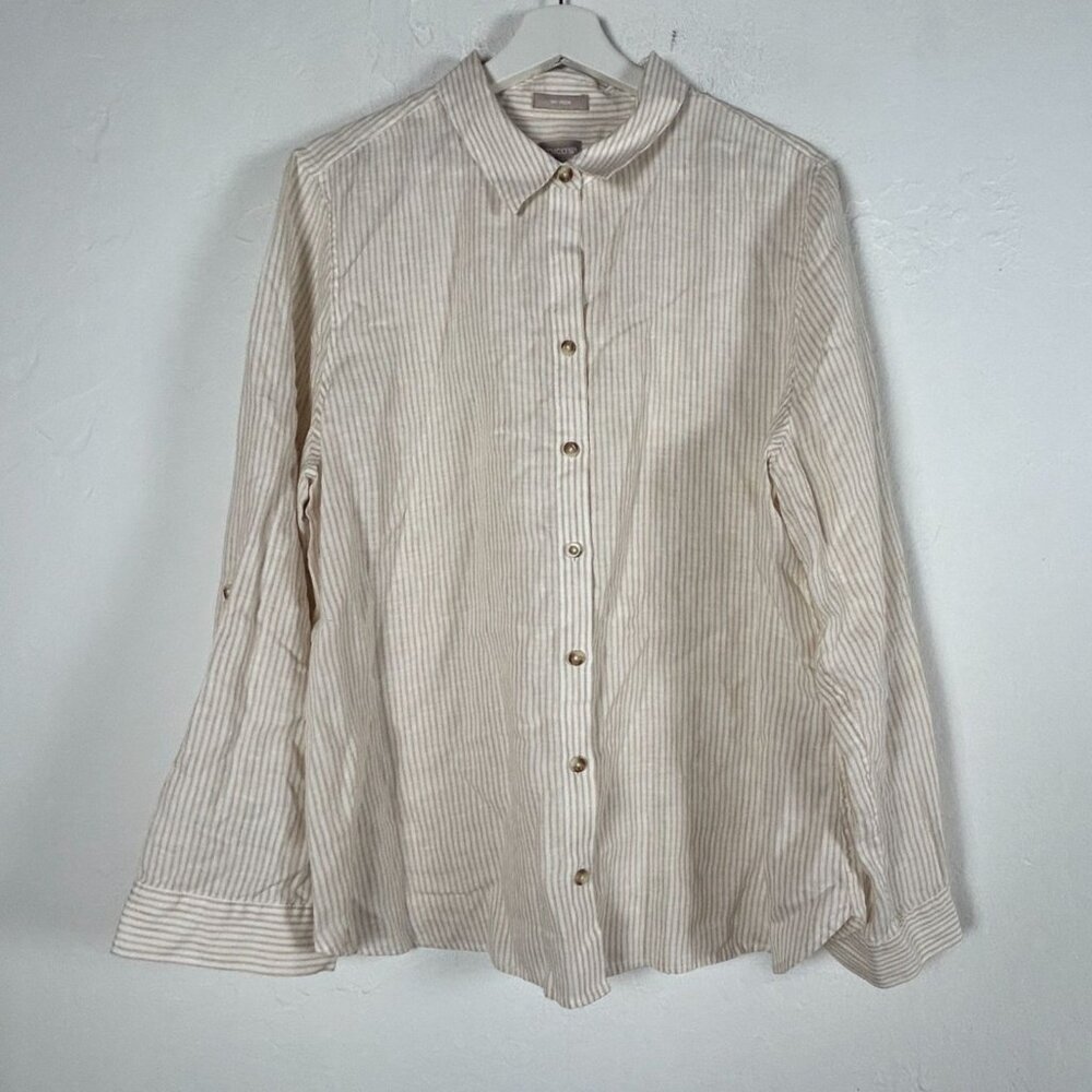 Chico's Womens Tan White Striped No Iron Linen Button-Up Shirt Size 3 US 16/18